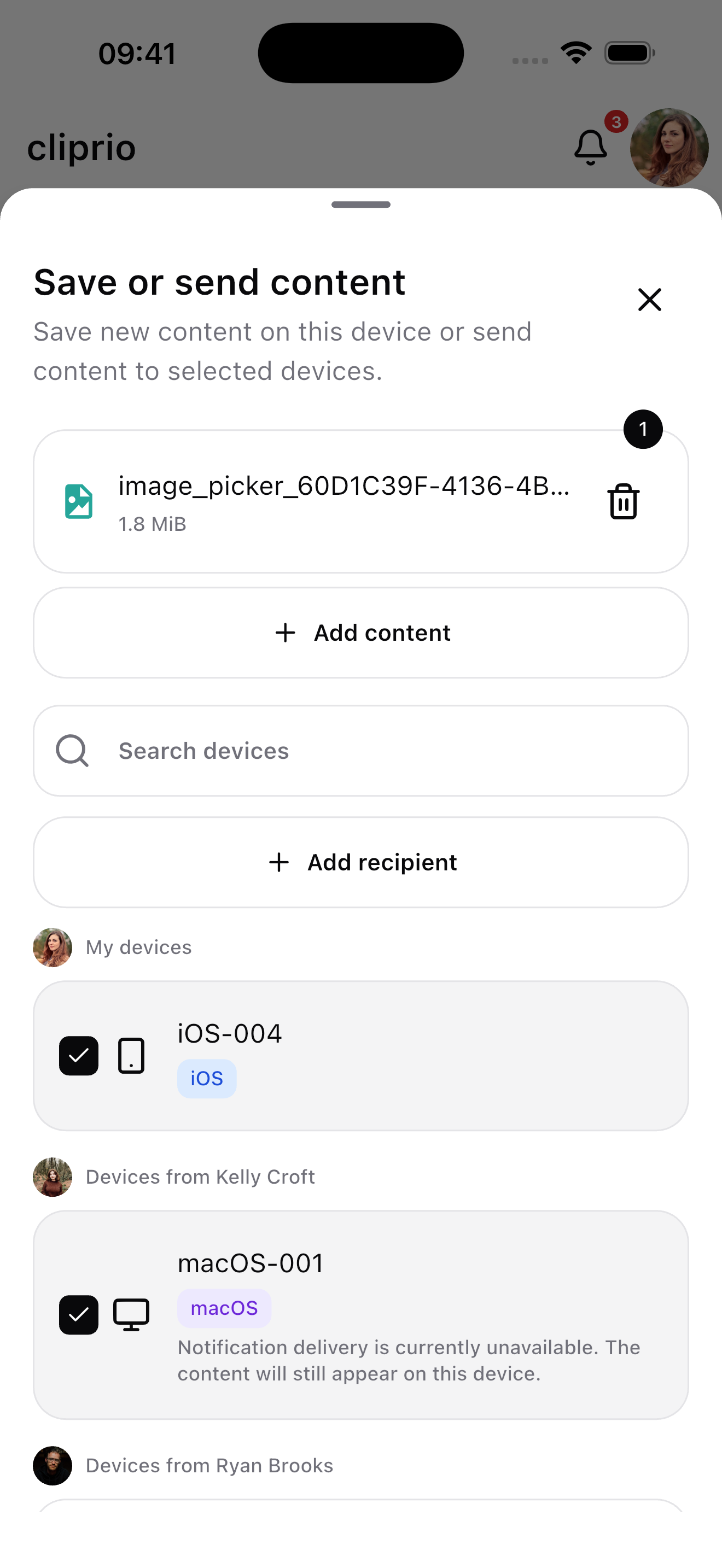 Auswählen: Wähle eigene oder verbundene Geräte aus oder gib einen temporären Empfangscode ein.
